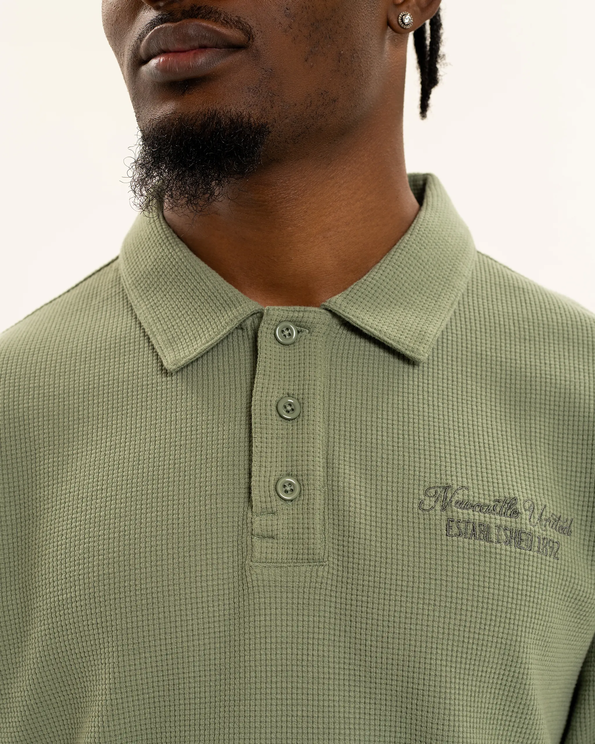 Newcastle United Men's Sage Waffle Open Neck Polo Shirt - Image 3